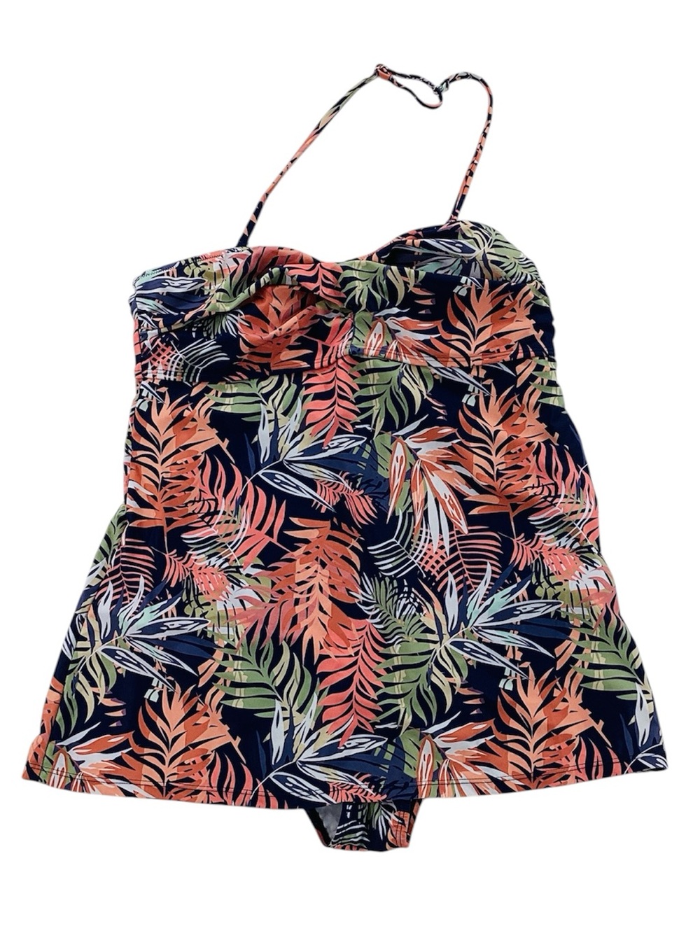 🍄 Tropical Print Navy Swimdress with Pink & Green Leaves, Size XL
